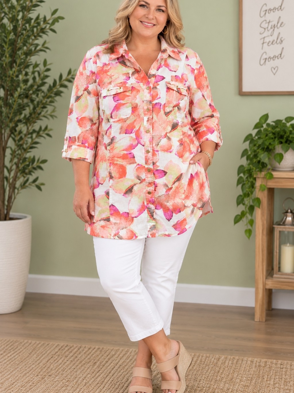 JM Collection Women’s 16W Linen Tunic Shirt Floral Button Down Gold Boho